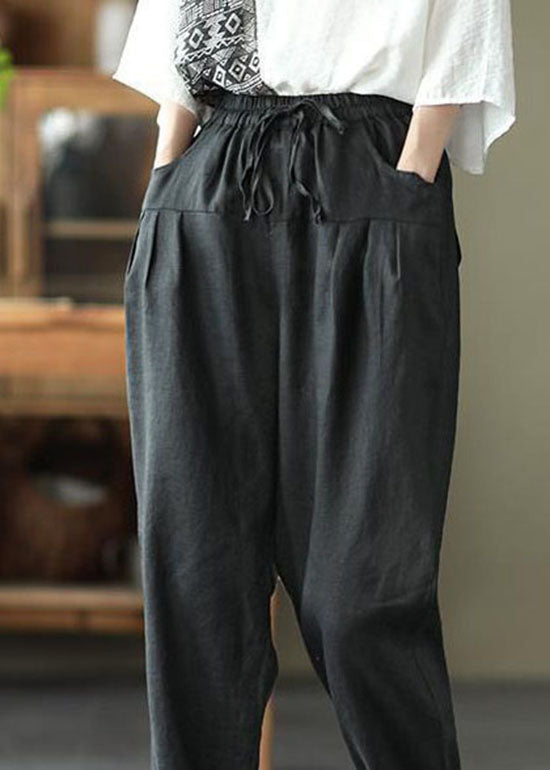 Fashion Black Pockets Patchwork Tie Waist Linen Pants Summer LY0596 - fabuloryshop