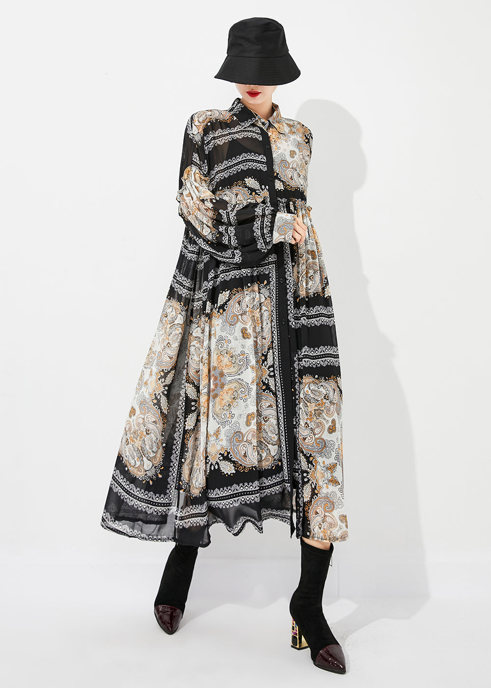 Fashion Black Print Oversized Wrinkled Chiffon Long Dresses  Spring LY0825