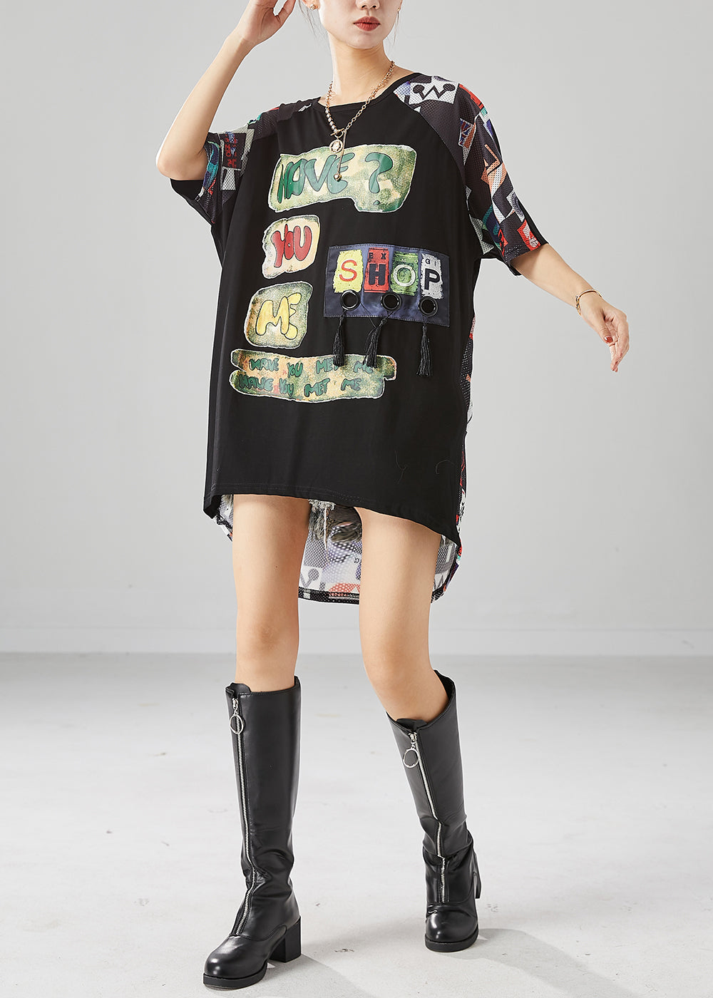 Fashion Black Print Tasseled Low High Design Cotton Tank Summer LY6685 - fabuloryshop