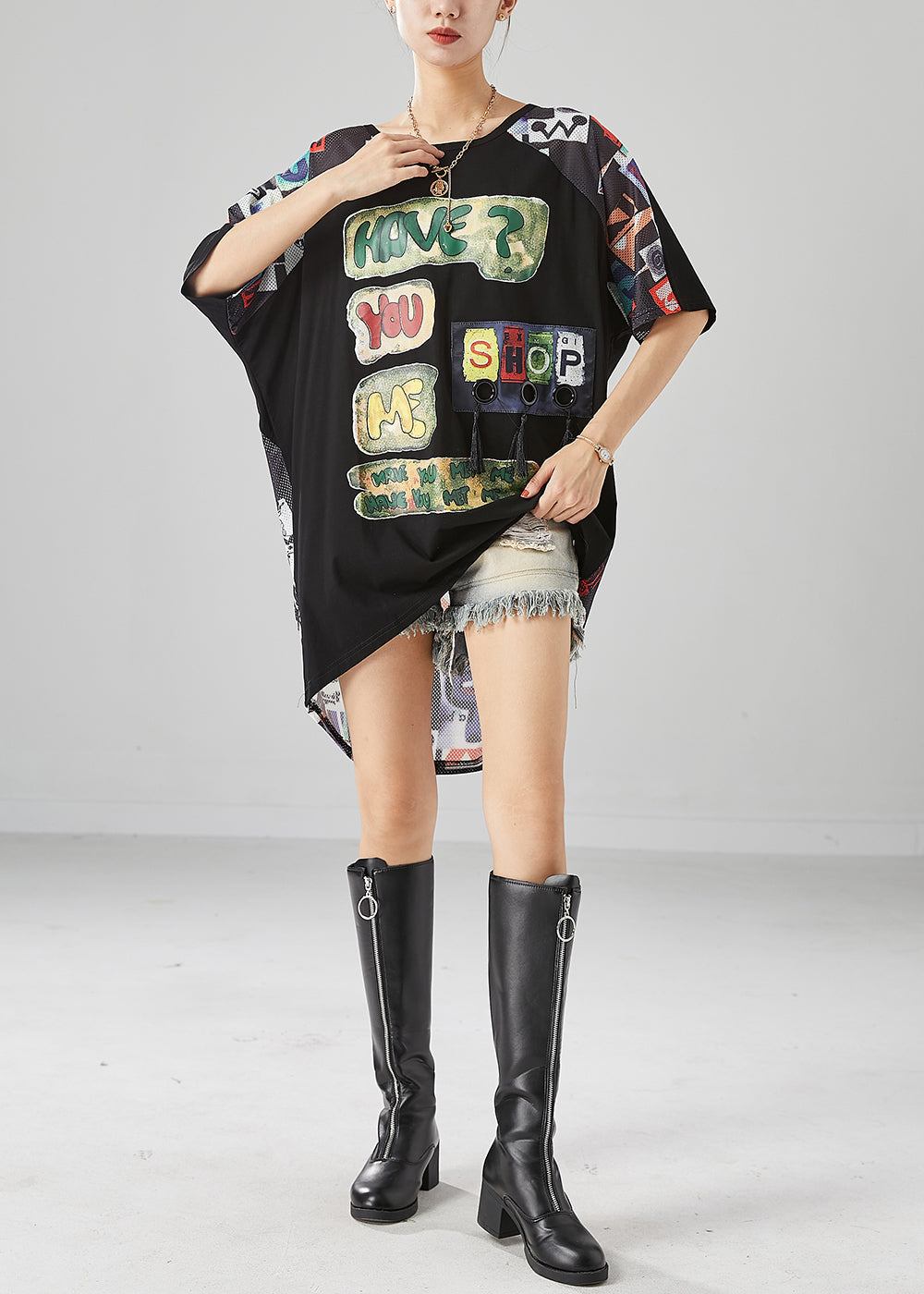 Fashion Black Print Tasseled Low High Design Cotton Tank Summer LY6685 - fabuloryshop