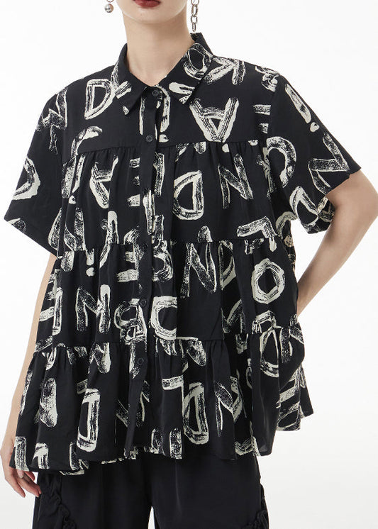 Fashion Black Print Wrinkled Patchwork Silk Shirt Short Sleeve Ada Fashion