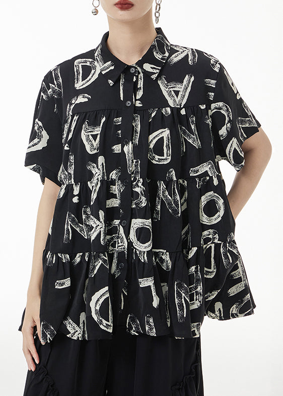 Fashion Black Print Wrinkled Patchwork Silk Shirt Short Sleeve Ada Fashion