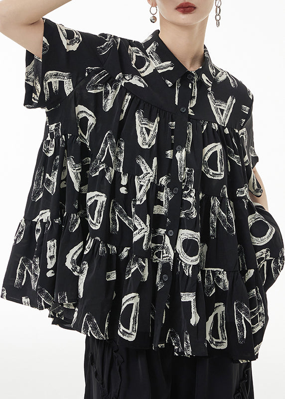 Fashion Black Print Wrinkled Patchwork Silk Shirt Short Sleeve Ada Fashion