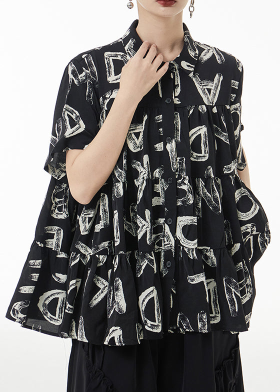 Fashion Black Print Wrinkled Patchwork Silk Shirt Short Sleeve Ada Fashion