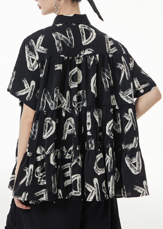 Fashion Black Print Wrinkled Patchwork Silk Shirt Short Sleeve Ada Fashion