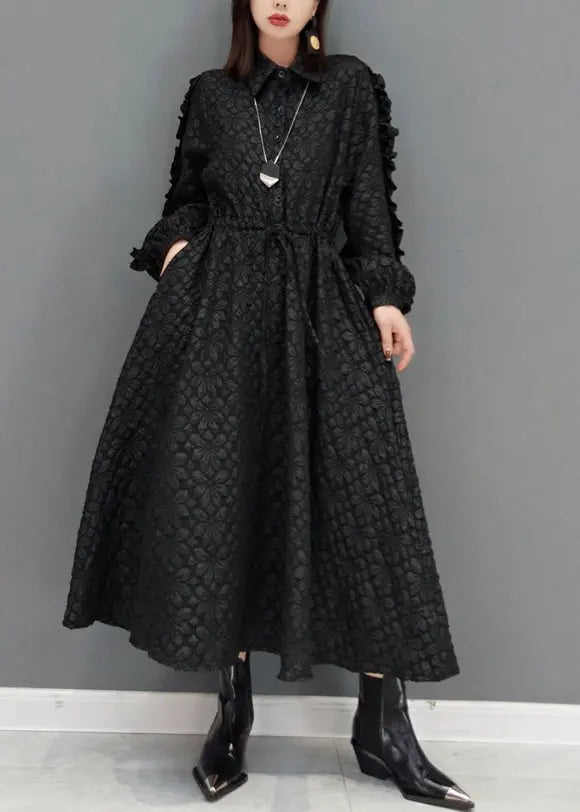 Fashion Black Ruffled Jacquard Patchwork Cotton Long Dress Fall Ada Fashion