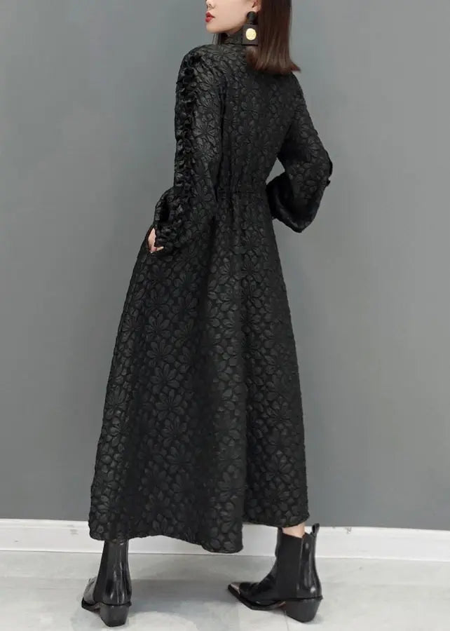 Fashion Black Ruffled Jacquard Patchwork Cotton Long Dress Fall Ada Fashion