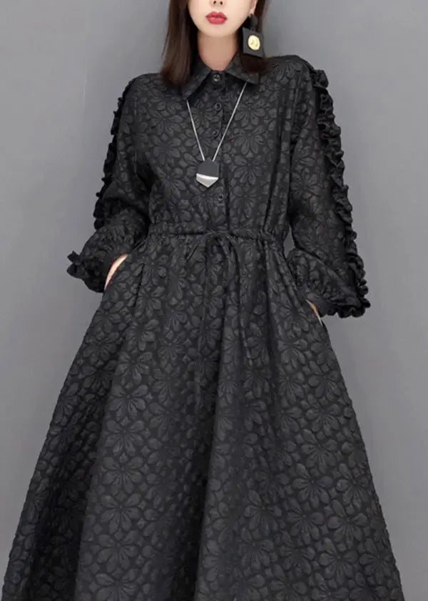 Fashion Black Ruffled Jacquard Patchwork Cotton Long Dress Fall Ada Fashion