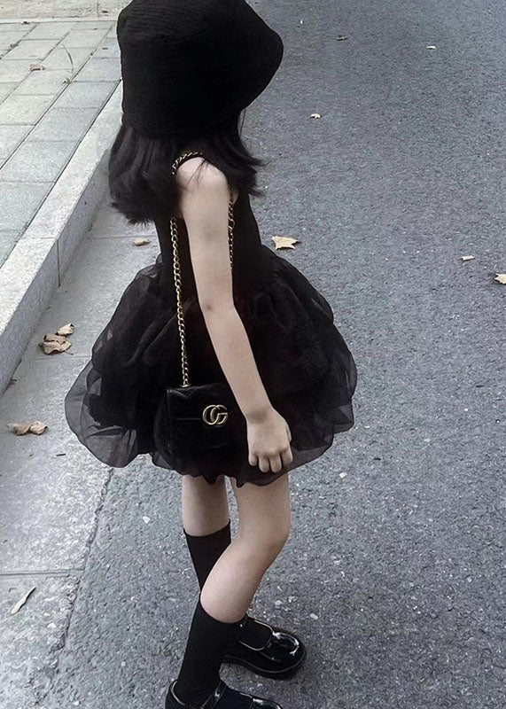 Fashion Black Ruffled Patchwork Tulle Kids Girls Robe Dresses Summer LY5462 - fabuloryshop