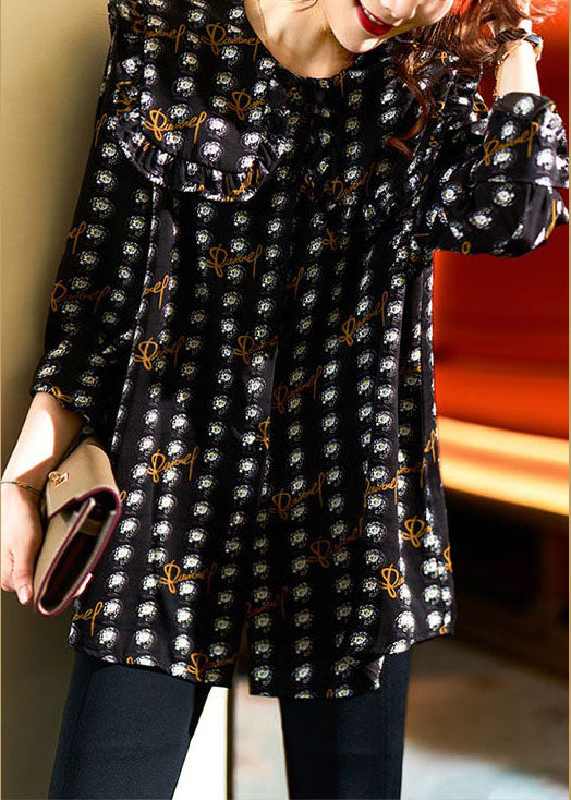 Fashion Black Ruffled Print Patchwork Chiffon Shirt Top Spring LY3847 - fabuloryshop