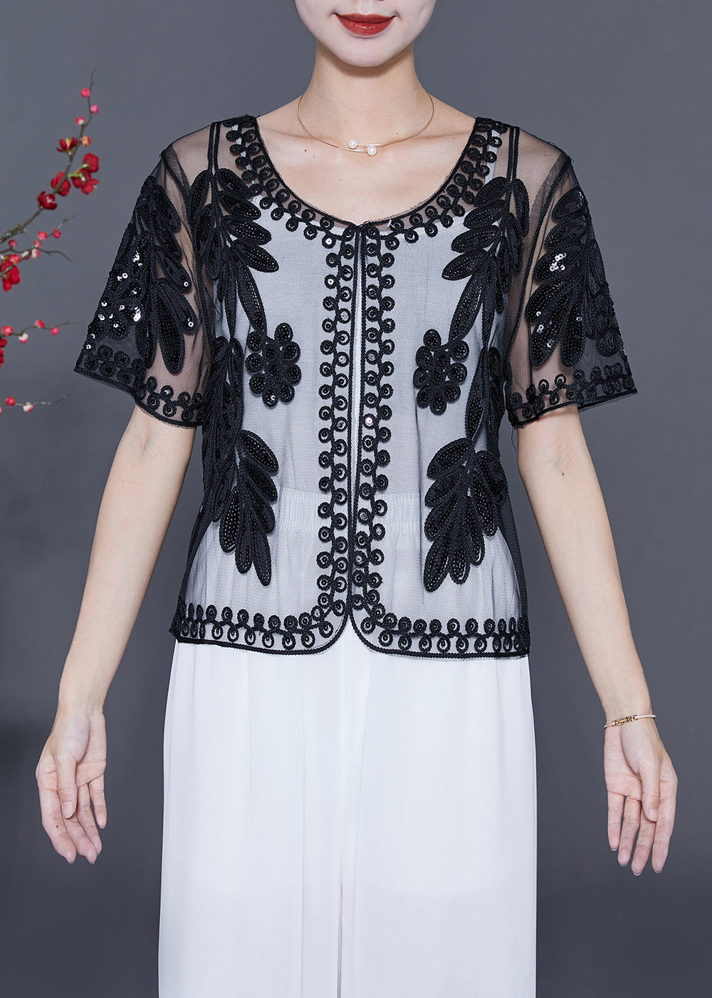 Fashion Black Sequins Embroideried Tulle Cardigans Summer LY5582 - fabuloryshop