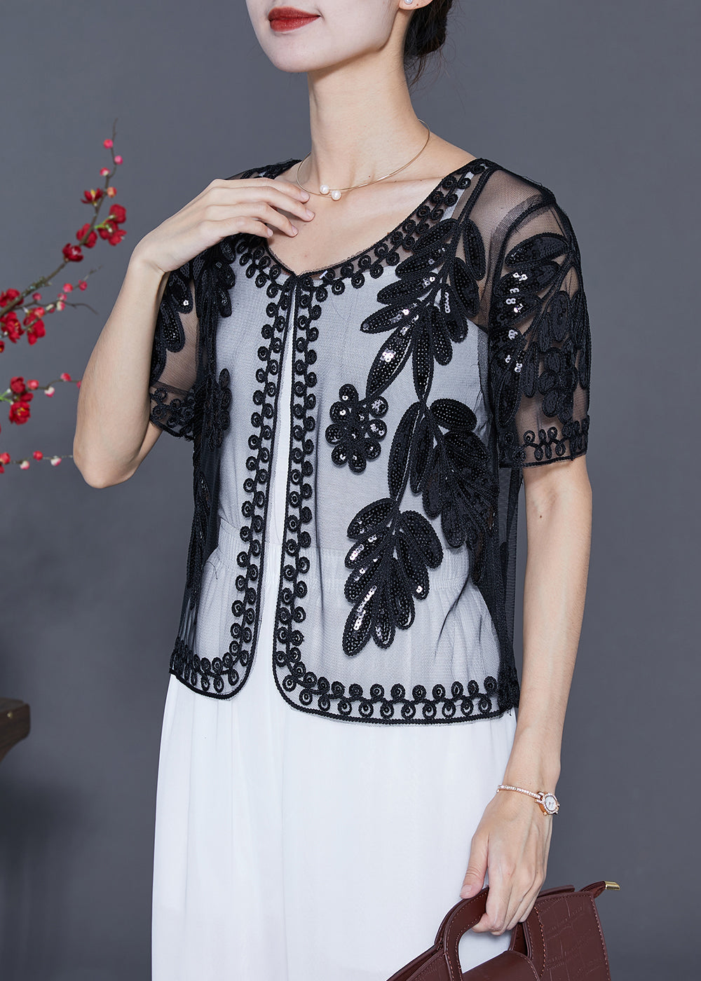 Fashion Black Sequins Embroideried Tulle Cardigans Summer LY5582 - fabuloryshop