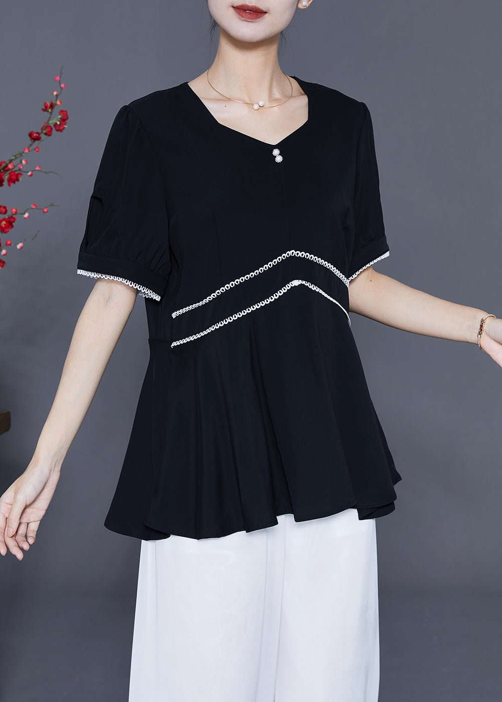 Fashion Black Slim Fit Patchwork Exra Large Hem Chiffon Blouse Tops Summer LY5381 - fabuloryshop