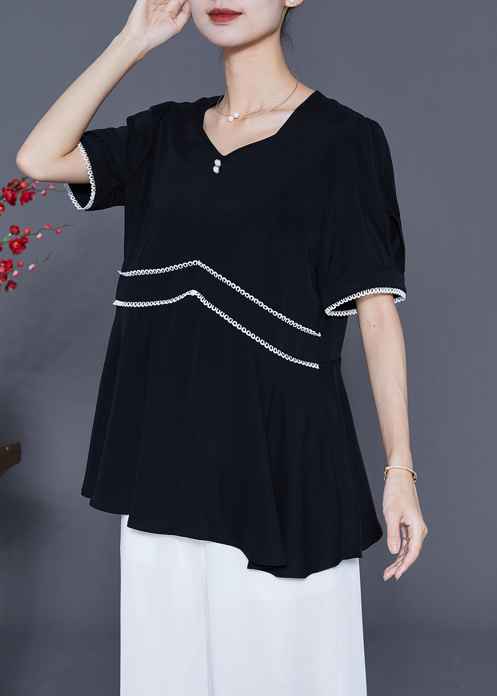 Fashion Black Slim Fit Patchwork Exra Large Hem Chiffon Blouse Tops Summer LY5381 - fabuloryshop