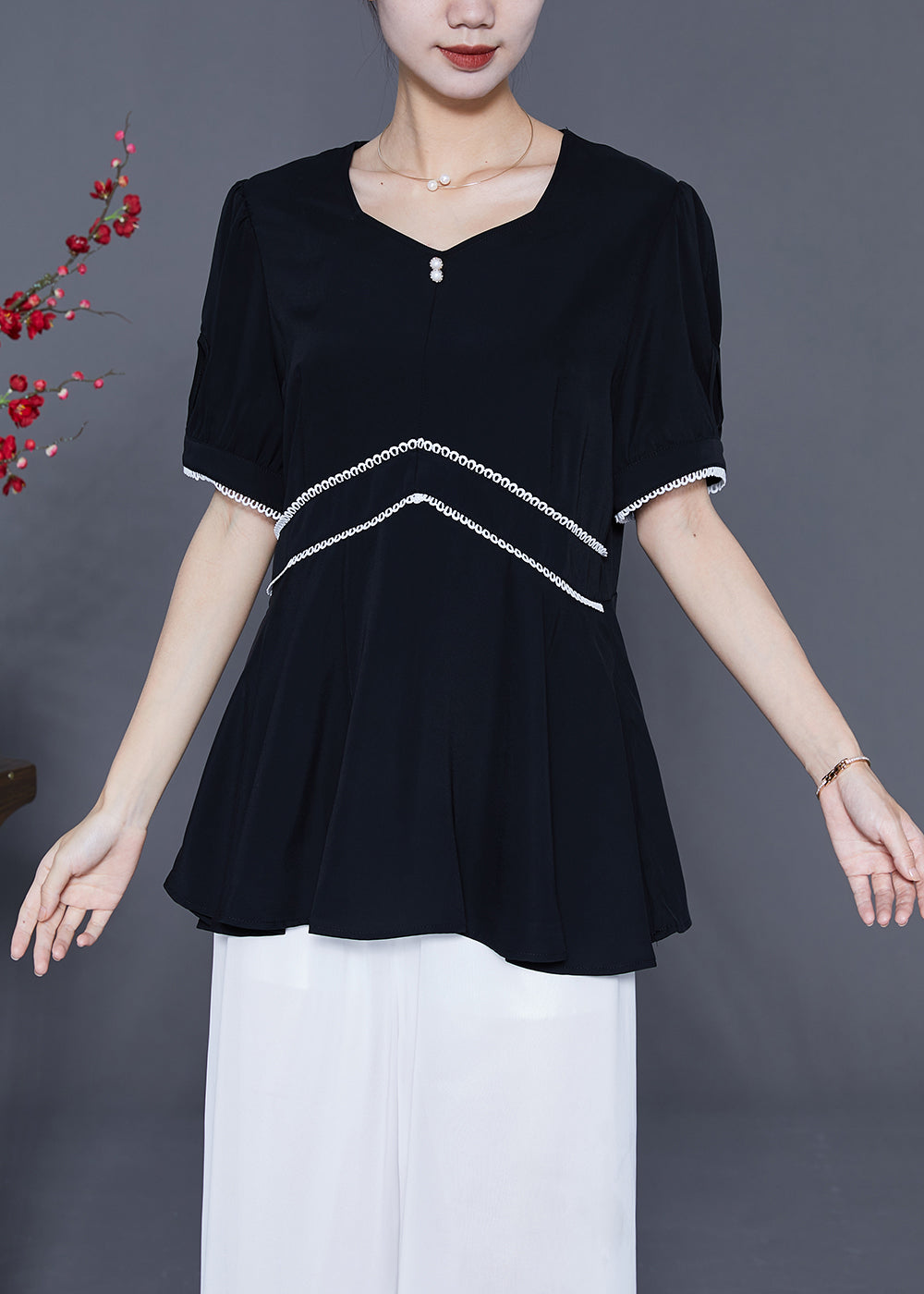 Fashion Black Slim Fit Patchwork Exra Large Hem Chiffon Blouse Tops Summer LY5381 - fabuloryshop