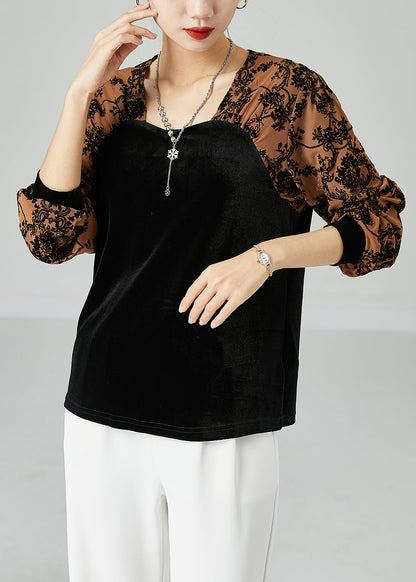 Fashion Black Square Collar Patchwork Jacquard Silk Velour Shirt Top Spring LY2453 - fabuloryshop