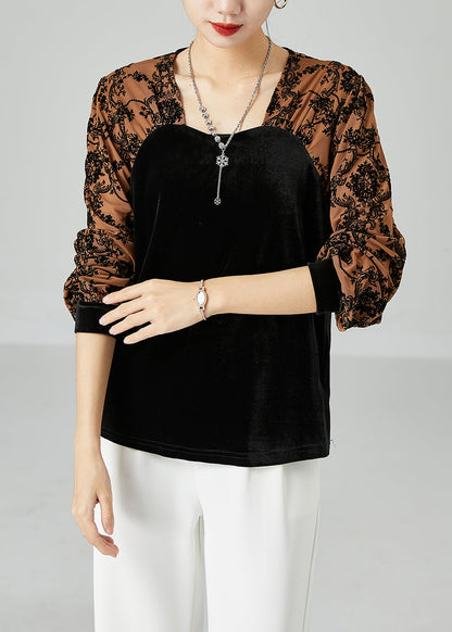 Fashion Black Square Collar Patchwork Jacquard Silk Velour Shirt Top Spring LY2453 - fabuloryshop