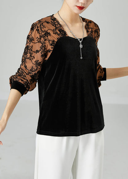 Fashion Black Square Collar Patchwork Jacquard Silk Velour Shirt Top Spring LY2453 - fabuloryshop