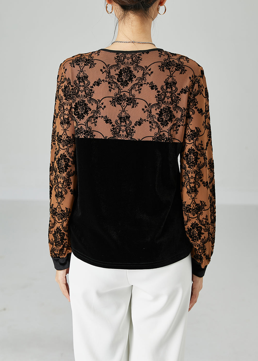 Fashion Black Square Collar Patchwork Jacquard Silk Velour Shirt Top Spring LY2453 - fabuloryshop