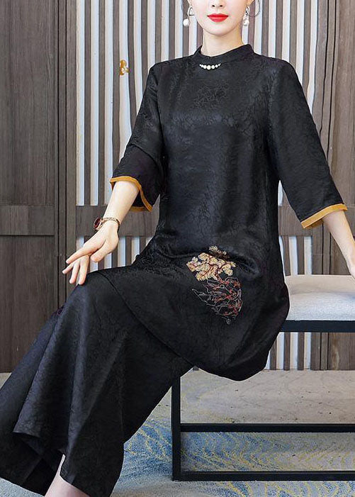 Fashion Black Stand Collar Embroideried Silk Tops And Pants Outfit Summer LY2249