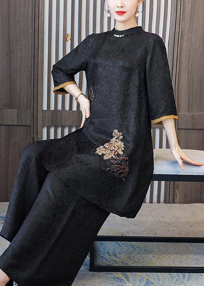 Fashion Black Stand Collar Embroideried Silk Tops And Pants Outfit Summer LY2249 - fabuloryshop