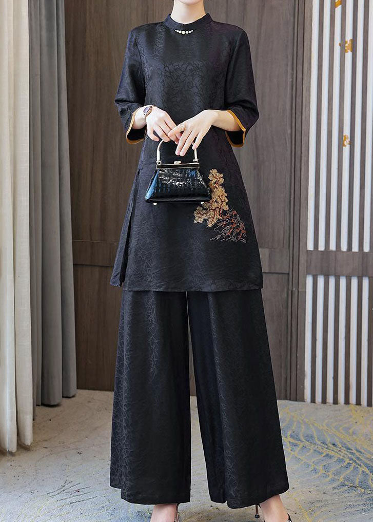 Fashion Black Stand Collar Embroideried Silk Tops And Pants Outfit Summer LY2249 - fabuloryshop