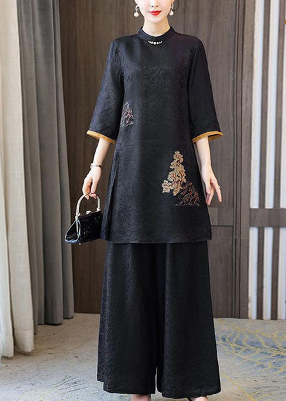 Fashion Black Stand Collar Embroideried Silk Tops And Pants Outfit Summer LY2249 - fabuloryshop