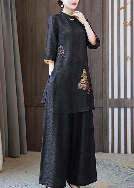 Fashion Black Stand Collar Embroideried Silk Tops And Pants Outfit Summer LY2249