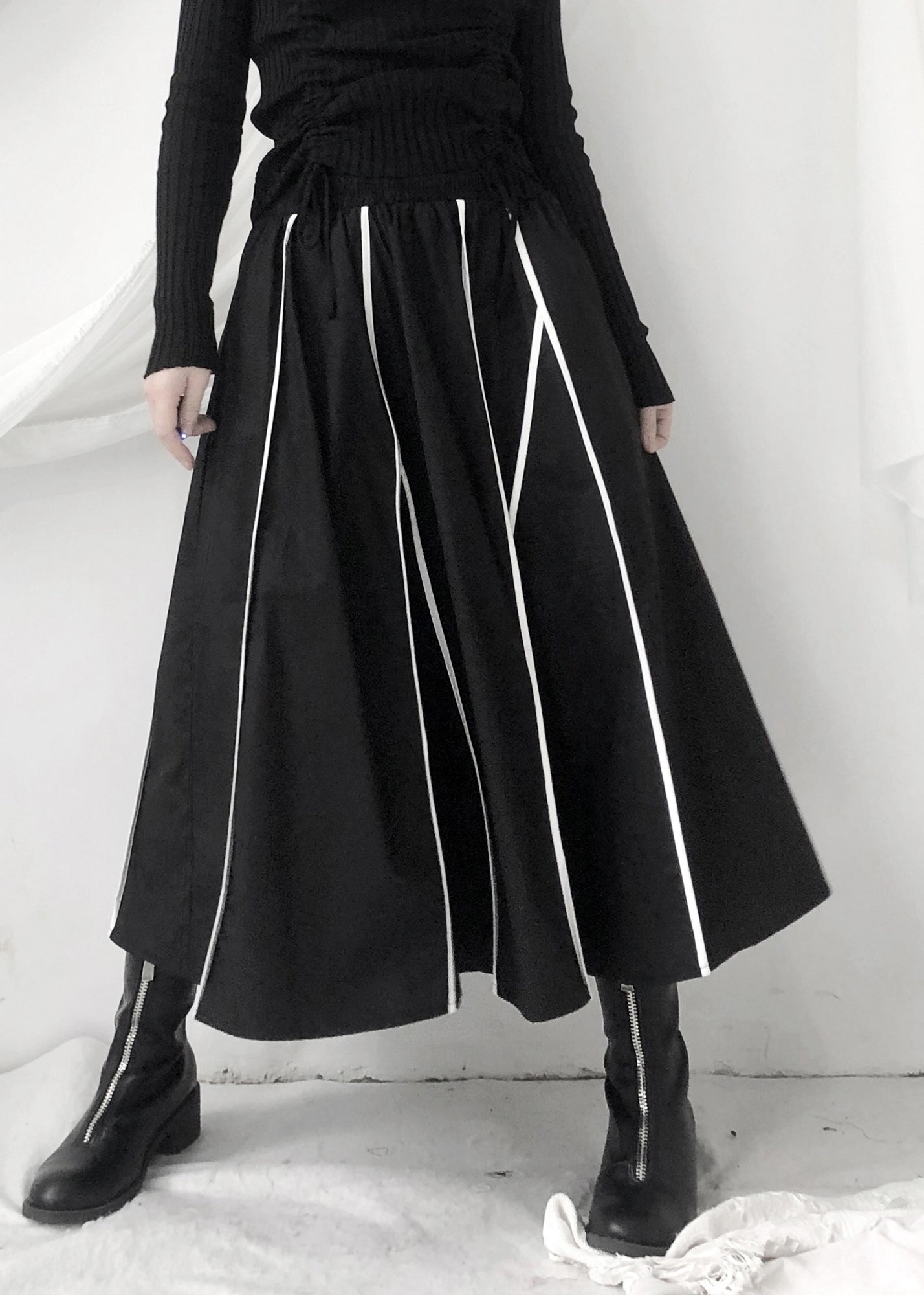 Fashion Black Striped Patchwork Pockets Elastic Waist Skirt Fall Ada Fashion