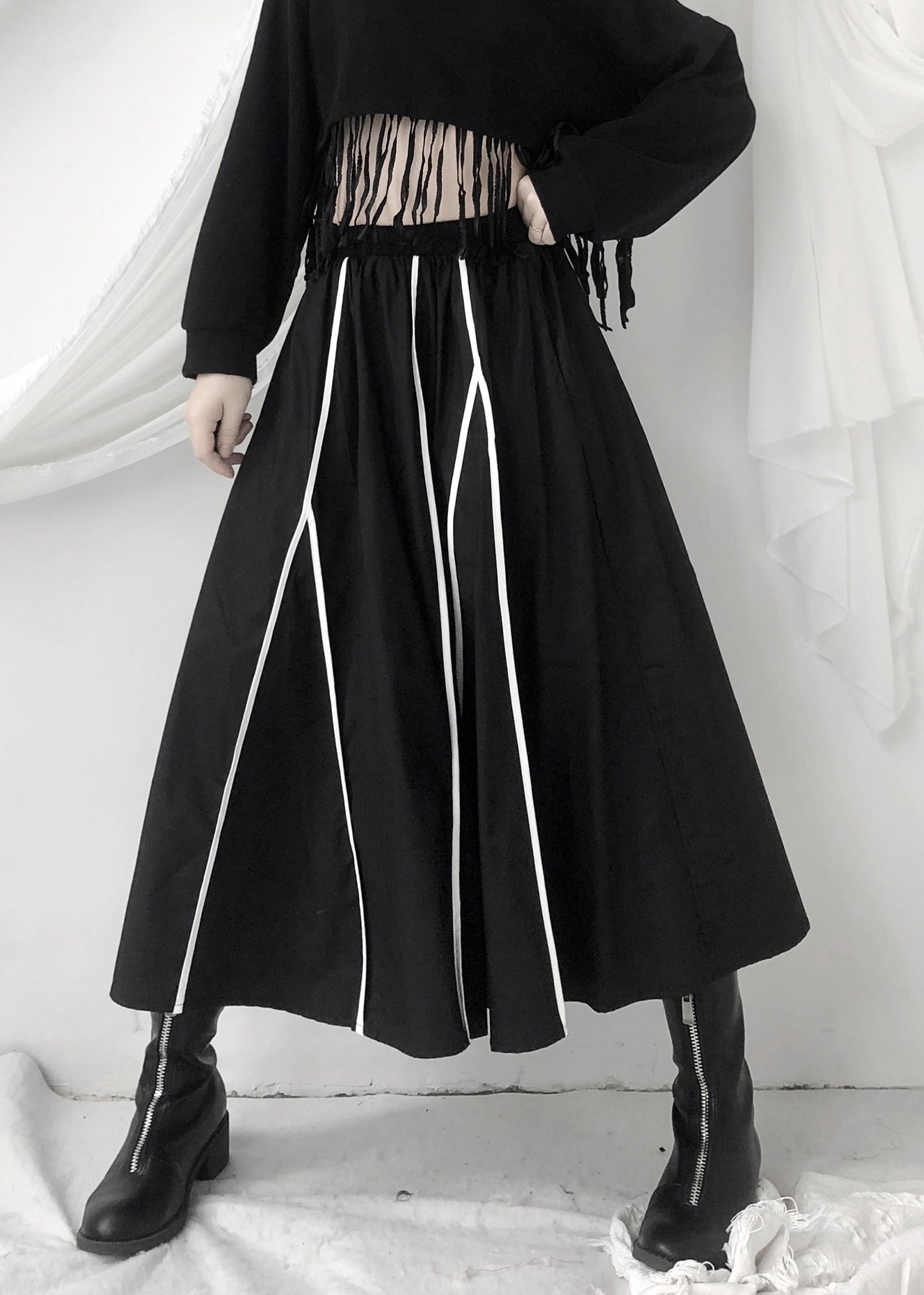 Fashion Black Striped Patchwork Pockets Elastic Waist Skirt Fall Ada Fashion