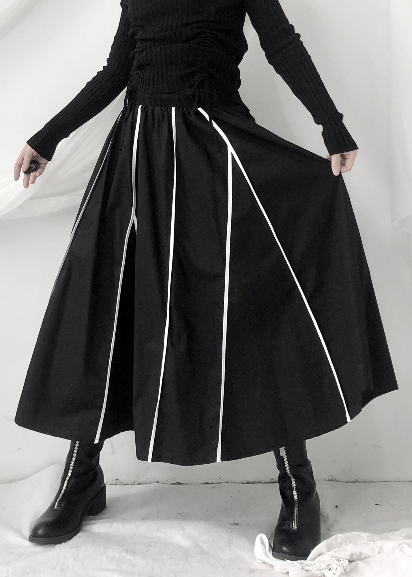 Fashion Black Striped Patchwork Pockets Elastic Waist Skirt Fall Ada Fashion