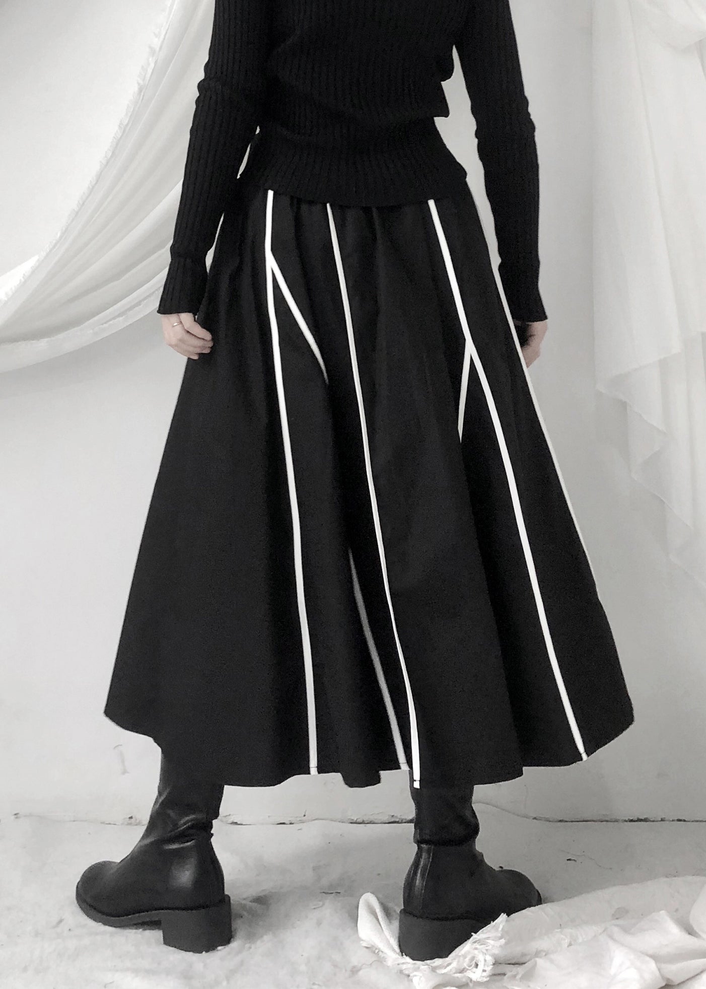 Fashion Black Striped Patchwork Pockets Elastic Waist Skirt Fall Ada Fashion