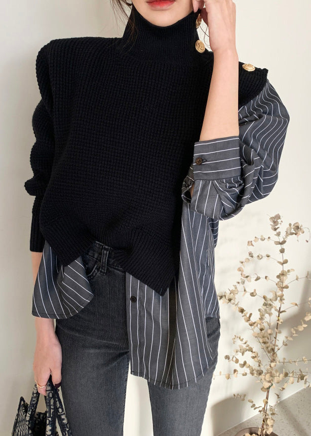 Fashion Black Striped Turtleneck Asymmetrical Knit Patchwork Button Shirt Spring LY0394 - fabuloryshop