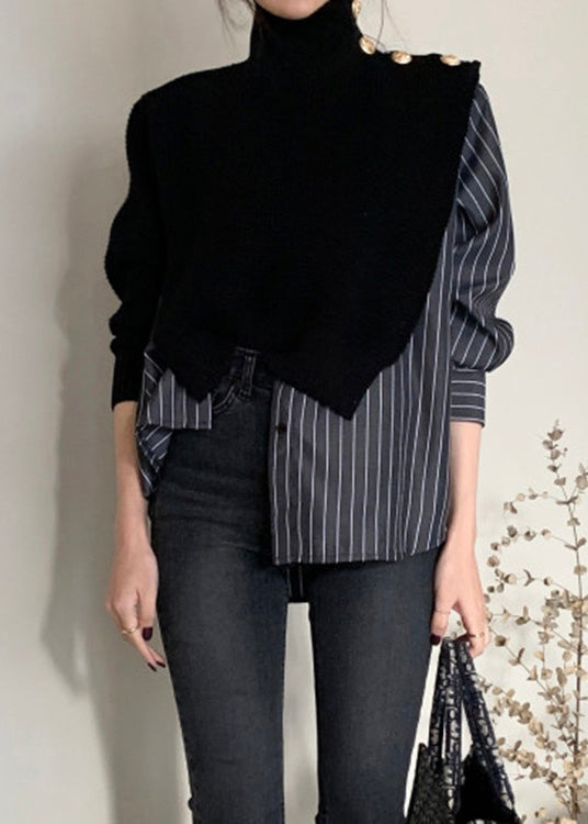 Fashion Black Striped Turtleneck Asymmetrical Knit Patchwork Button Shirt Spring LY0394 - fabuloryshop