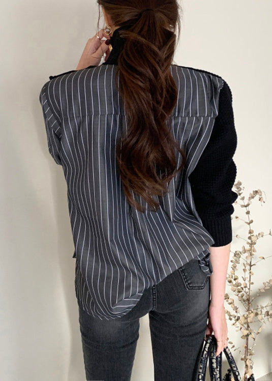 Fashion Black Striped Turtleneck Asymmetrical Knit Patchwork Button Shirt Spring LY0394 - fabuloryshop