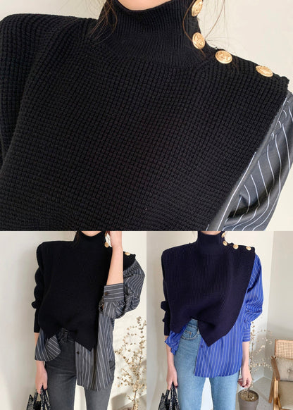 Fashion Black Striped Turtleneck Asymmetrical Knit Patchwork Button Shirt Spring LY0394 - fabuloryshop