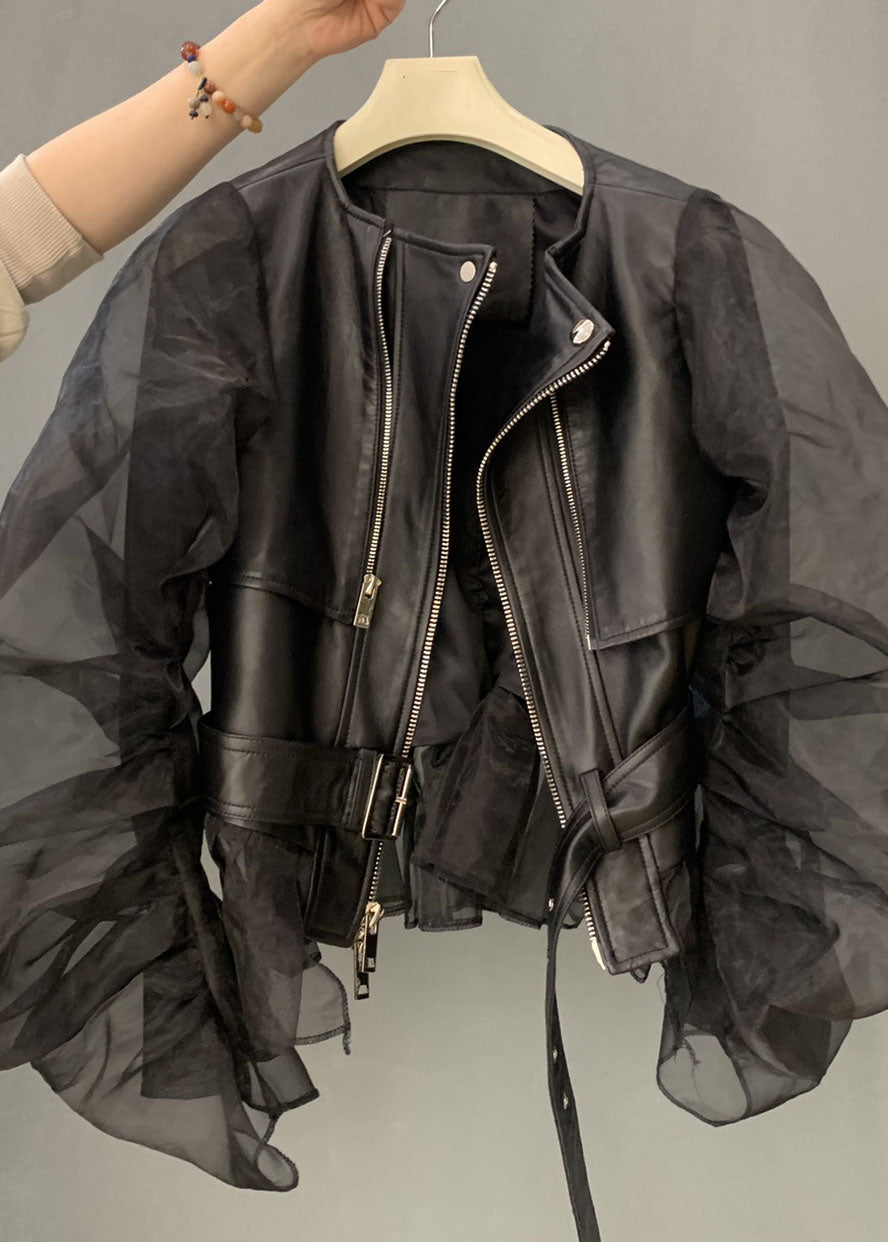 Fashion Black Tulle Puff Sleeve Zippered Patchwork Faux Leather Jackets Ada Fashion