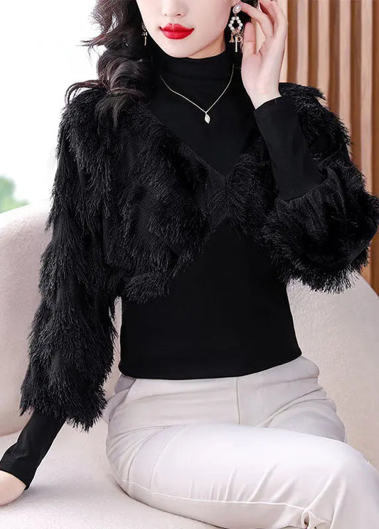 Fashion Black Turtleneck Fuzzy Fur Fluffy Patchwork Fake Two Pieces Tops Fall Ada Fashion