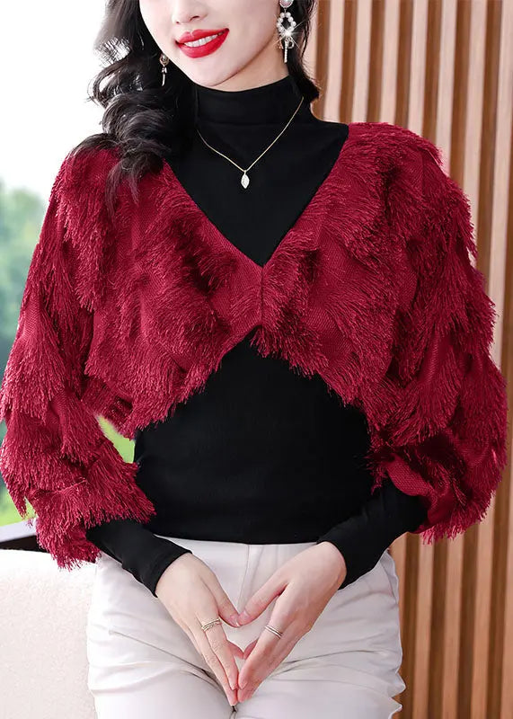 Fashion Black Turtleneck Fuzzy Fur Fluffy Patchwork Fake Two Pieces Tops Fall Ada Fashion