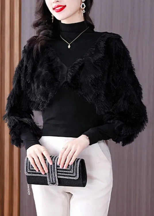 Fashion Black Turtleneck Fuzzy Fur Fluffy Patchwork Fake Two Pieces Tops Fall Ada Fashion