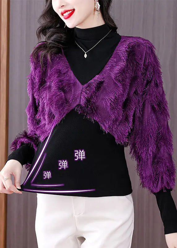 Fashion Black Turtleneck Fuzzy Fur Fluffy Patchwork Fake Two Pieces Tops Fall Ada Fashion