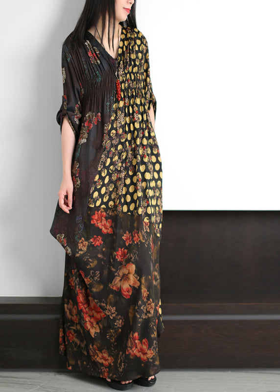 Fashion Black V Neck Asymmetrical Print Wrinkled Silk Maxi Dress Summer LY5138 - fabuloryshop