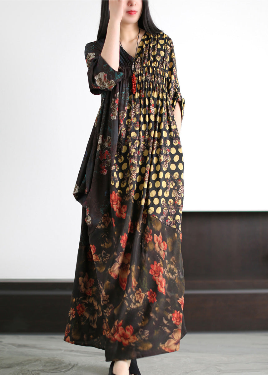 Fashion Black V Neck Asymmetrical Print Wrinkled Silk Maxi Dress Summer LY5138 - fabuloryshop