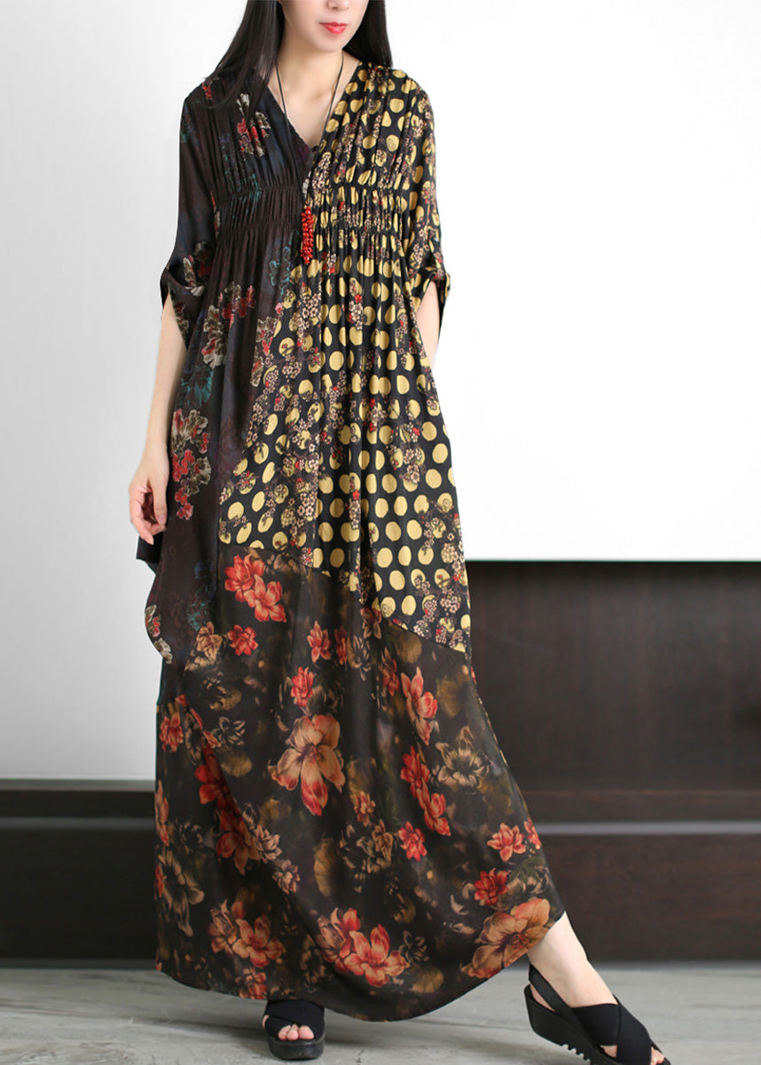 Fashion Black V Neck Asymmetrical Print Wrinkled Silk Maxi Dress Summer LY5138 - fabuloryshop