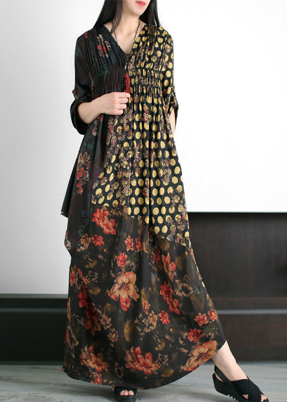 Fashion Black V Neck Asymmetrical Print Wrinkled Silk Maxi Dress Summer LY5138 - fabuloryshop