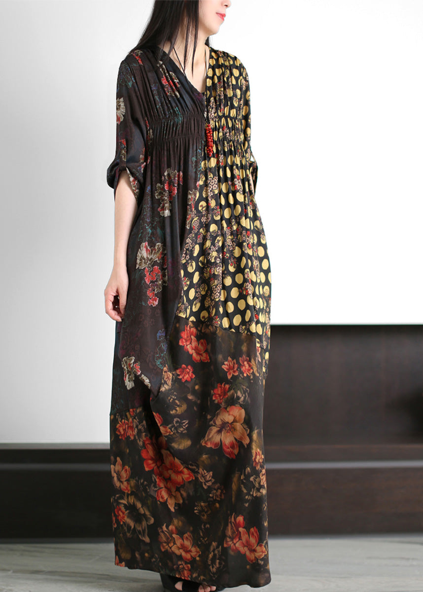 Fashion Black V Neck Asymmetrical Print Wrinkled Silk Maxi Dress Summer LY5138 - fabuloryshop