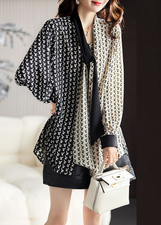 Fashion Black V Neck Contrast Color Print Chiffon Shirt Fall Ada Fashion