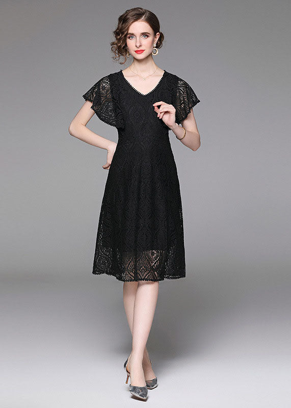 Fashion Black V Neck Hollow Out Patchwork Lace Mid Dress Butterfly Sleeve LY7374 - fabuloryshop