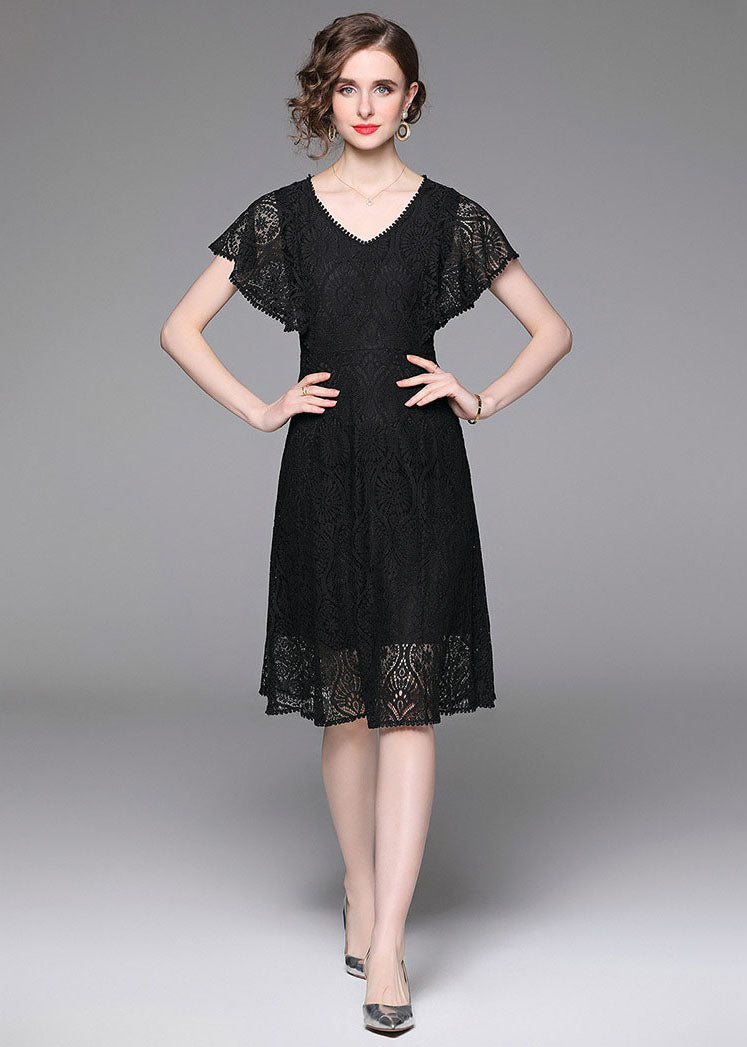 Fashion Black V Neck Hollow Out Patchwork Lace Mid Dress Butterfly Sleeve LY7374 - fabuloryshop