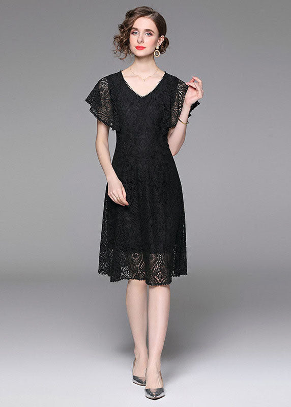 Fashion Black V Neck Hollow Out Patchwork Lace Mid Dress Butterfly Sleeve LY7374 - fabuloryshop